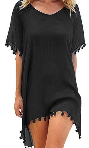 FFWTPY Mujer Suelto Vestido de Playa V Cuello Gasa Camisolas y Pareos con Borla Ropa de Baño de Playa Transparente Bikini Cover Up