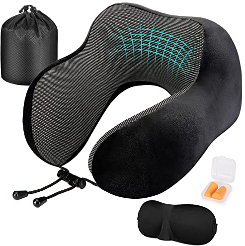 Eono Nackenkissen, Nackenhörnchen Memory Foam, Ergonomisch Gestaltetes Reisekissen, Neuer Typ Nackenkissen Reise für Flugzeug, Zug, Auto, Büro