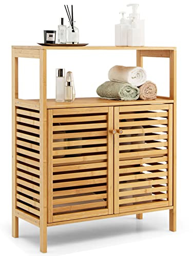 GIANTEX Badschrank Badezimmerschrank Bambus, Badkommode Kommode Sideboard 2 Lamellentüren, Aufbewahrungsschrank Küchenschrank mit offenem Regal, für Flur Wohnzimmer Küche 64 x 27,5 x 80 cm