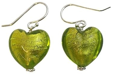 Pendientes de plata de ley de cristal de Murano con corazón verde lima y oro