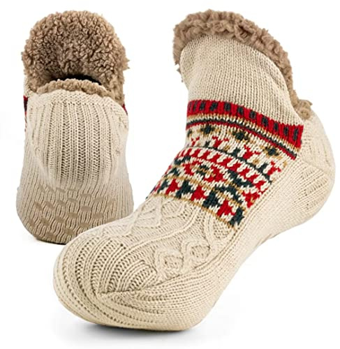 Mulor Fluffiga strumpor för män och kvinnor med halkfria sulor, halkfritt fleecefoder som håller värmen, Beige (03), X-Large