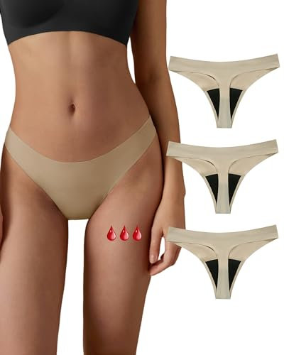 SHARICCA Tangas de Bragas Menstruales sin Costura Absorbentes Menstruales Ropa Interior Tanga Lavable Periodo Mentruación Thong (Beige-3P02, M-1)