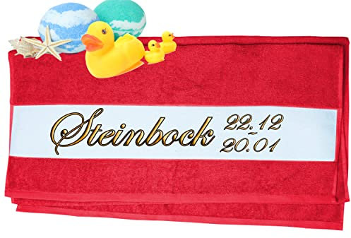 Print Deluxe Handtuch mit Sternzeichen personalisiert Bedruckt| Duschtuch, Badetuch, Saunatuch, Sporthandtuch| Frottiertücher |Geburtstag persönliches Geschenk Idee | Größe:70x140cm (Steinbock, Rot)