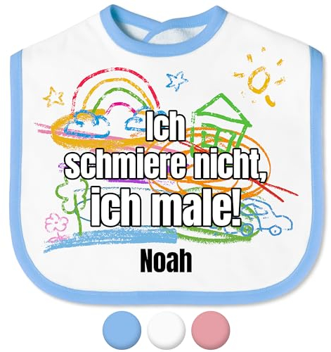 Baby Lätzchen „Ich schmiere nicht, ich male!“ mit Namen personalisiert für Mädchen & Jungen - mit Klettverschluss – Spucktuch Latz Kinderlätzchen – Baby-Geschenke Taufgeschenke (Saum Blau)