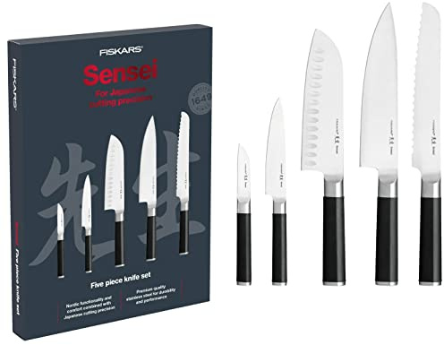 Fiskars Set de cuchillos, Sensei, 5 piezas, Cuchillo chef, Cuchillo pan, Cuchillo Santoku, Cuchillo verduras, Cuchillo para pelar, Acero inoxidable con alto contenido de carbono/plástico, 1025845