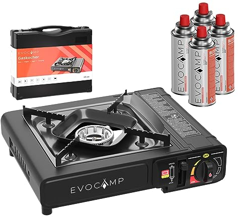 EVOCAMP MSF-1a Réchaud à gaz 1 feu avec cartouches de gaz 227 g 4 pièces MSF-1a avec mallette de transport – Idéal pour les activités de plein air comme le camping ou la randonnée
