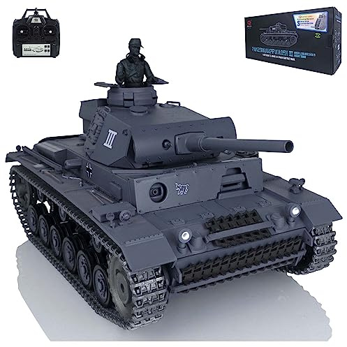 Wheelfun Heng Long RC Deutscher Panzer III L 1/16 7.0 Upgraded RTR Metallschienen, 340° drehbarer Turm, Infrarot Kampf, Metallfass, BB-Shooting, Airsoft, Leerlaufrauchen