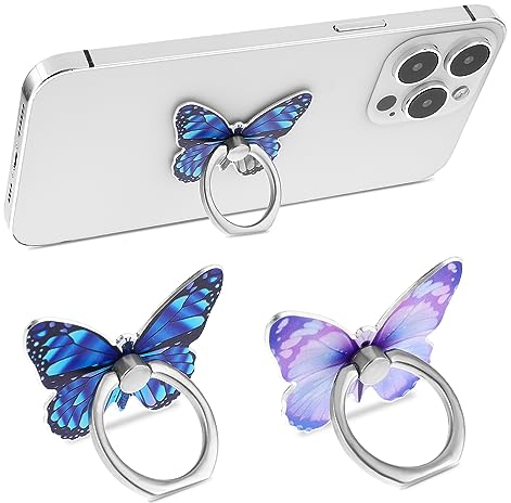 WLLHYF 2 Pcs Butterfly Cell Phone Ring Holder 360° Rotation Zinc Alloy Bling Finger Kickstand Cute Fashion Beautiful Phone Ring Grip Universal Compatible for All Smartphone