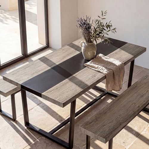 STHOUYN 71 6ft Large Dinner Table for 6 8 Seat Dining Room Table, Rectangular Farmhouse Modern Kitchen Long Black & Grey Industrial Conference (Grey)