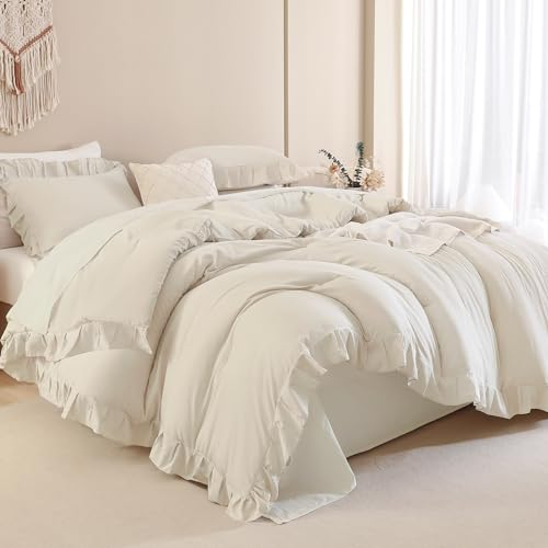 Andency Beige Comforter Set Queen Size, 3 Pieces Shabby Chic Ruffle Bedding Comforter Sets for Queen Bed, Lightweight Fluffy Soft Microfiber Farmhouse Comforter Set