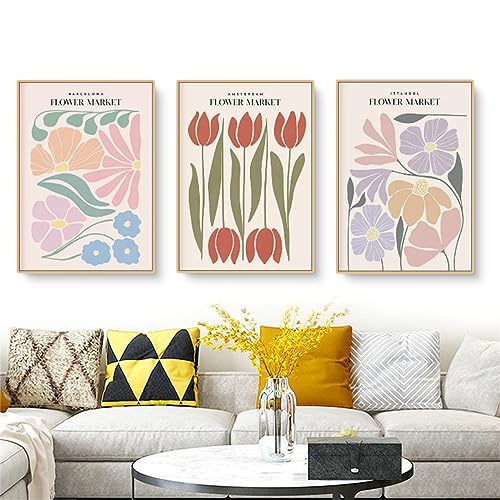 3er FLOWER MARKET Poster Set 50×70 Stilvolles Kunstdruck Bild Set - Moderne Vintage Wanddeko Ohne Rahmen für Wohnzimmer, Schlafzimmer, Esszimmer (50*70cm)