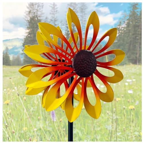 Sonnenblume Windrad, Doppelwindrad mit gegenläufigen Rotoren,174CM Windrad Metall Garten, Windmühle für Rasen Garten Hof Dekoration,Yellow