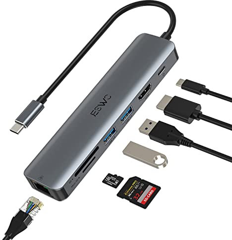 USB C Hub, 7 IN 1 USB-C Dock Ethernet with 4K@60Hz HDMI, 100W PD, 2 USB 3.0 Ports, RJ45 Ethernet, TF/SD Card Reader, USB C Multiport Adapter for MacBook Air/iPad Pro/HP/Mac