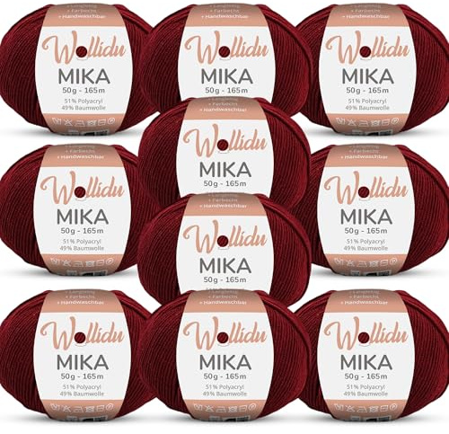 Wollidu Mika 51% Polyacryl 49% Baumwolle zum Häkeln und Stricken 10x 50g/165m Oeko-Tex Strickgarn Häkelgarn - Burgunder