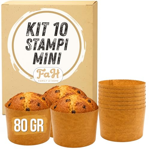 FAH Stampo Mini Panettone 80 gr - 10 Stampi per Panettoncino | Pirottini Panettone Professionale, Carta Naturale di Pura Cellulosa ad Alta Densità, Resistente al Calore 200°C