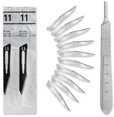 Set - 10 Stück sterile Skalpellklingen Figur 11 aus Karbonstahl - Ersatzklingen + 1 x Shehadeh - Skalpell-Halter mit 13 cm langem Griff inkl. Meßskala in cm - Edelstahl
