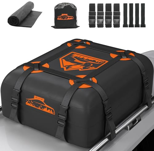 Rymopuey Dachbox Faltbar 15-21 Kubikmeter, 700D Wasserdicht Dachbox Auto, Dachbox mit Anti-Rutsch-Matte und 6 Hochleistung Riemen (15Kubik-Orange)
