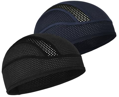 MELASA Cycling Skull Cap Helmet Liner, Cooling Mesh Cycling Caps Under Helmet, Sweat Running Hat Beanie for Men Women(Black&Dark Blue)