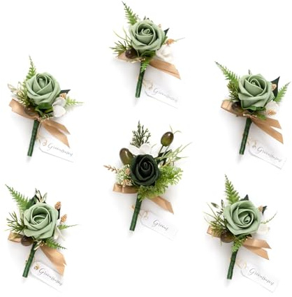 Ling's moment Boutonniere for Men, 6pcs Groom Groomsmen Boutonniere with Built-in Pins, Artificial Flowers for Wedding Decor/Prom/Homecoming, etc.Green Beige