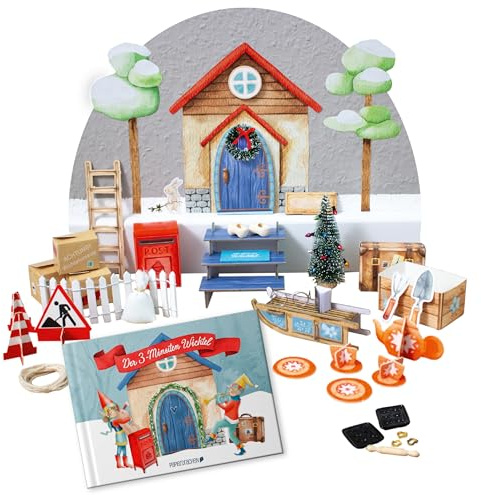 Papierdrachen Wichteltür Set 2025 - Der 3-Minuten-Wichtel - komplettes Bastelset mit Zubehör und Buch - DIY Wichtel-Set zum Aufstellen - Advent für Kinder