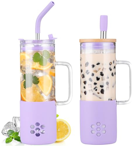 BLUEGO 600ml Glasbecher mit 2 Deckeln und Henkel, Niedlicher Glasbecher mit Strohhalmen und Silikonhülle, Eiskaffeebecher, 0,6L Smoothiebecher, Bubble Tea Becher, Reisebecher, Violett