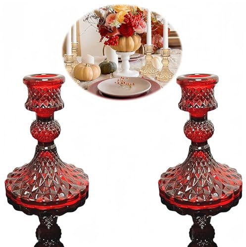 HSTWODE 2 Stück Kerzenhalter Stumpenkerzen, Kerzenständer Stabkerze, Teelichthalter Metall für Hochzeit Räucherkegel Spa Gebet Home Party, Weihnachts Tisch Deko, Allerheiligen (Rot)