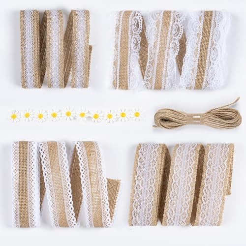 Fyshird 4 Rollen Juteband mit Spitze Geschenkband Natur Spitzenband Weiß Dekoband Vintage Jutebänder mit 10 Stück Sonnenblumen & 10m Hanfseil für DIY Handwerk Tischdeko Hochzeit Party Heimdekoration