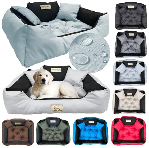 KING DOG Hundebett Grosse Hunde Waschbar L 100 x 75 cm Hundekissen Haustierbett Hundekorb Personalisiert - Name des Hundes Wasserdichtes Material Silikon Füllung Hellgrau