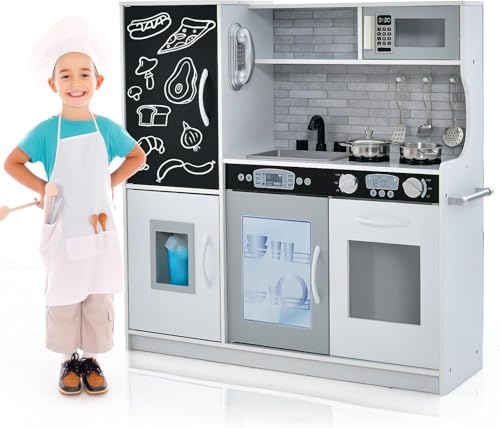 FANTASK Cuisine de Jeu en Bois pour Enfant avec Tableau Blanc et Gris avec Accessoires, Cuisine Jouet avec Micro-Ondes, sorbetière, Lave-Vaisselle et Four, pour garçons à partir de 3 Ans