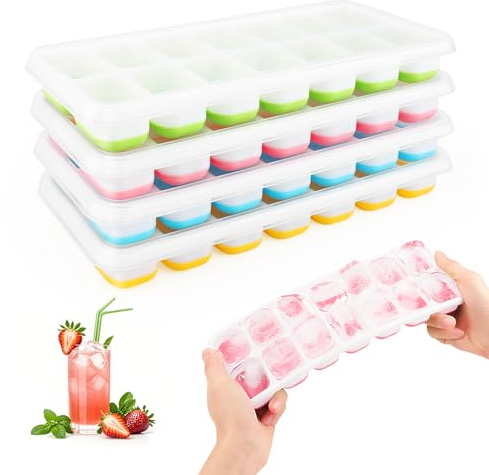 Bac à Glaçons, Lot de 4 Moule à Glaçons Silicone avec Couvercle, RISVOWO Ice Cube Tray Empilable, Carrés Bac Congelation, Glacon Moule Reutilisable pour Whisky, Cocktail, Glaces, Boissons(Multicolore)