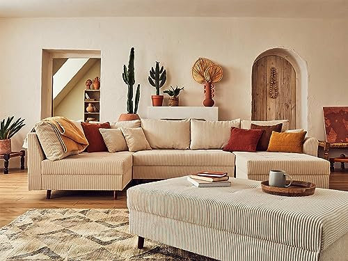 Lisa Design Rune – Wohnlandschaft Links – 7-Sitzer – mit hocker – aus Cord Beige