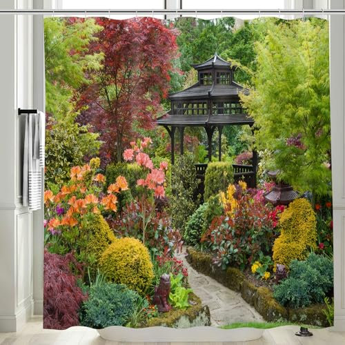 Vgzsyomqib 3D Floral Garden Shower Curtain Outdoor Fence Wet Room Waterproof Anti Mould Fabric Long 180 x 180 cm Picture Japanese Green Outside Scene Bathroom Curtains Set with Hooks