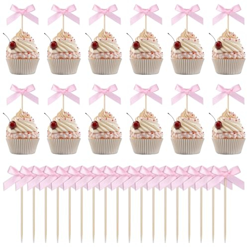 BOXOB 30 Pièces Rose Décorations de Cupcakes à Nœud, Pic Cupcake Ruban Décorations de Gâteaux à Nœud Papillon pour Filles Anniversaire Baby Shower Soirées Thème Coquette