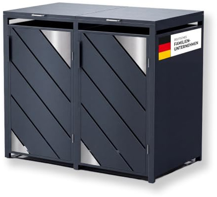 Metzler Mülltonnenbox 2er 240L Anthrazit mit Edelstahl Akzenten | Mülltonnenverkleidung für 2 Tonnen aus verzinktem Stahl | wetterfest mit Automatikdeckel und Soft Close