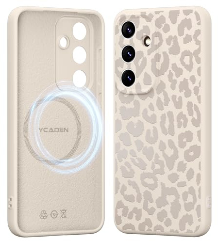 Saqmkil Handyhülle Magnetische für Samsung Galaxy S25 5G 6,2 Hülle, Aesthetic Muster Leopard Mädchen Case Kompatibel mit MagSafe, Weich Flüssigem Silikon TPU Stoßfeste Cover für Samsung S25, Beige