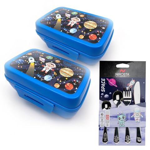 Fackelmann Set 2 Lunch Box per Bambini a Tema Astronauta, Porta Pranzo Design Spaziale, Include Set di Posate in Acciaio Inox Lavabili in Lavastoviglie Forchetta, Cucchiaio, Cucchiaino, Coltello