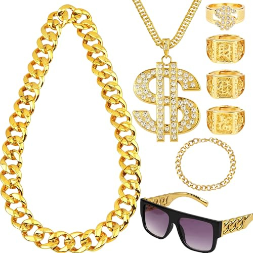8 pezzi costume da magnaccia catena d'oro Carnevale, rapper gangster hip hop, costume da uomo, anni '80 anni '90, collana dollaro/grande collana dorata/anello dollaro / occhiali da sole per punk