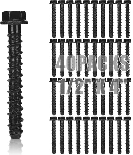 Otoolling 40 Pack 1/2 x 4 Concrete Anchors and Screws Kits Galvanized Ceramic Black Ruspert Coating Large Diameter Concrete Bolts Masonry Screw for Brick Block Wall Corrosion Resistant