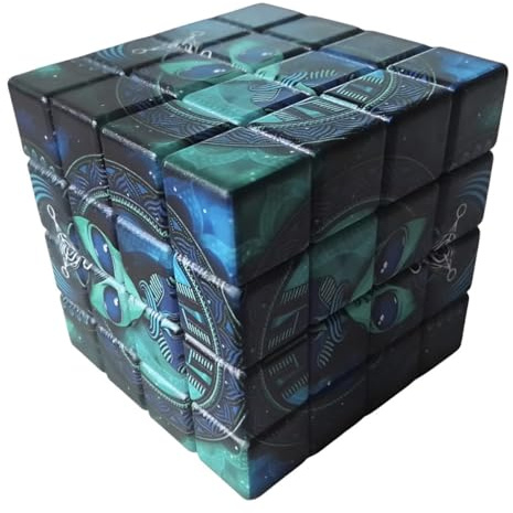 Herb Grinder,Alien Cube Design 4-Piece Aluminium Spice Mill, 60mm, Blue and Green Galaxy Pattern with Geometric Mandala Art