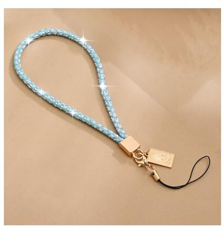 Handyband Kurz Strasssteine Handykette Universal Handgelenk Handschlaufe Handy Kurz mit Goldene Göttin Anhänger Lanyard schlüsselband Handyanhänger für Handyhülle Kameras USB-Stick Harzseeblau