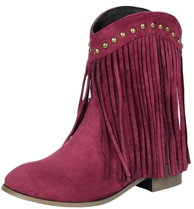 Generiska västerländska stövlar dam cowgirl cowboystövlar mocka stövlar låg klack ankelstövlar med fransar damstövlar nitar korta stövlar bekväma slip-stövlar eleganta halvstövlar, vin, 45 EU