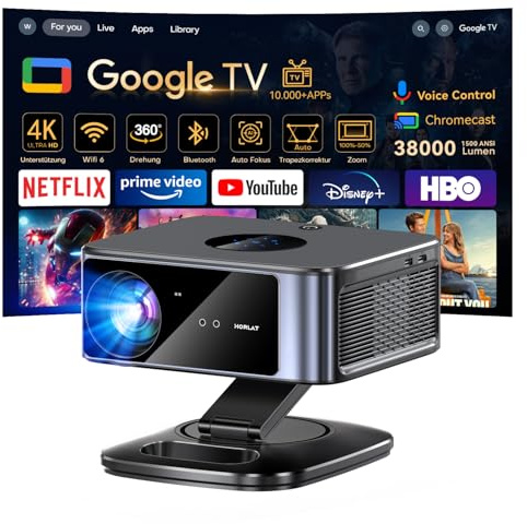 Beamer 4K【Google TV & Autofokus/1500 ANSI】 Full HD 1080P HORLAT Smart Projektor 38000 Lumen mit WiFi 6, Bluetooth, Sprachassistent, Heimkino/Outdoor Video Beamer