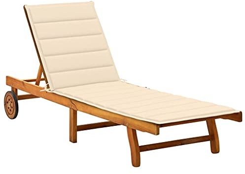Owoxanthellate Sonnenliege Akazie Massivholz mit Rollen und Ablage cremeweiße Auflage verstellbare Rückenlehne robust wetterfest für Garten Balkon Pool