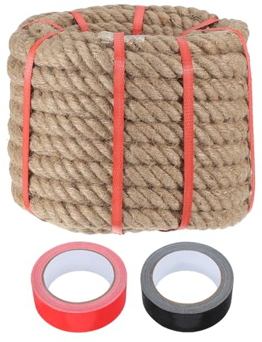 QUARKZMAN Jute Seil 1 Zoll x 49ft Schwere Natürliche Dicke Gedrehte Schnur Mit 2 Rollen Klebeband Für Handwerk Geländer Docks Tauziehen Schaukel Nautische Landschaftsgestaltung