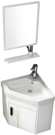 YOWLLXOF Klein Wandmontiertes Eckwaschbecken-Set mit Warm-Kaltwasserhahn Stauraum Regalebene,Modern-Style,für Badezimmer,Waschküche,Platzsparend(White,16.9 * 19.7 * 15.7in)