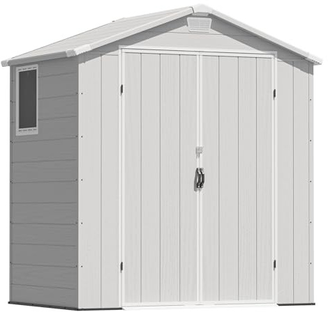Greesum 6x4FT Plastic Outdoor Storage Shed with Floor, Resin Sheds with Lockable Double Door, Tool Sheds with Window and Vents, for Garden, Backyard, Patio, Light Gray
