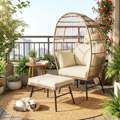 GIANTEX Gartensessel mit Hocker, extra großer Ei-förmiger Loungesessel