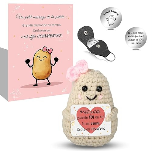 Szhhrxi Poupées de Pomme de Terre en Français avec Porte Clés et Carte, Cadeau Original & Amusant, Idée Drôle Anniversaires pour Homme Femme Collègue, Gadget Utile Rigolo Motivation (Fille)