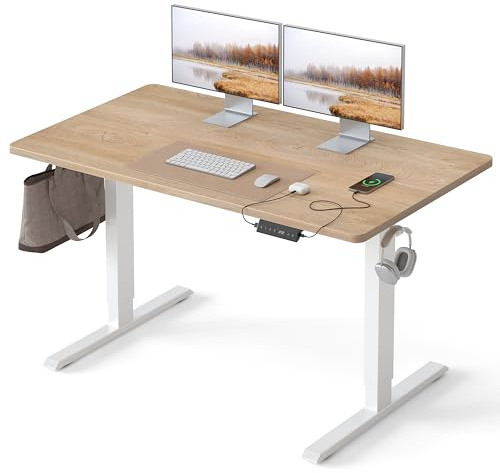 FEZIBO Höhenverstellbarer Schreibtisch EINTEILIGER Tischplatte 140x60cm | Schreibtisch Höhenverstellbar Elektrisch mit USB-C und USB-A-Ladeanschlüssen, 80kg Tragkraft, 3 Memory-Funktion, Eiche