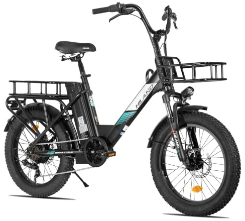 HILAND 20 Zoll E-Bike Fat Tire, 250W Elektrofahrrad mit 36V 13Ah Akku, 7-Gang Schaltung, Doppel-Scheibenbremsen, 20 x 3,0 Zoll Breitreifen, Hinterer Gepäckträger, E-Bike für Damen und Herren, Schwarz